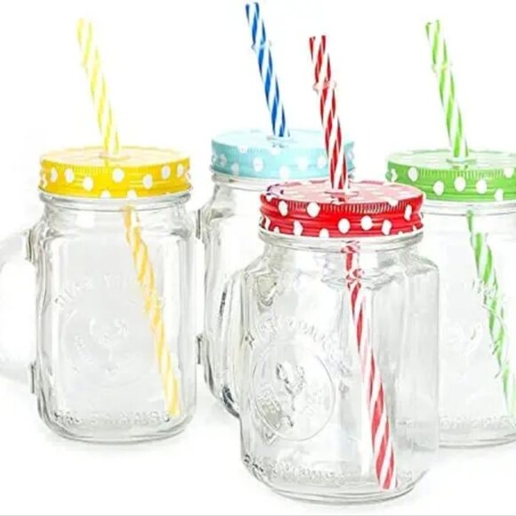 Set of 4 Mason Jar Glasses | Handles + Colored Metal Lids + Reusable Straws - Picture 4 of 5
